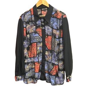 Vintage 90s Patchwork Paisley Blouse Viscose Button Up Artsy Boho Retro Top M